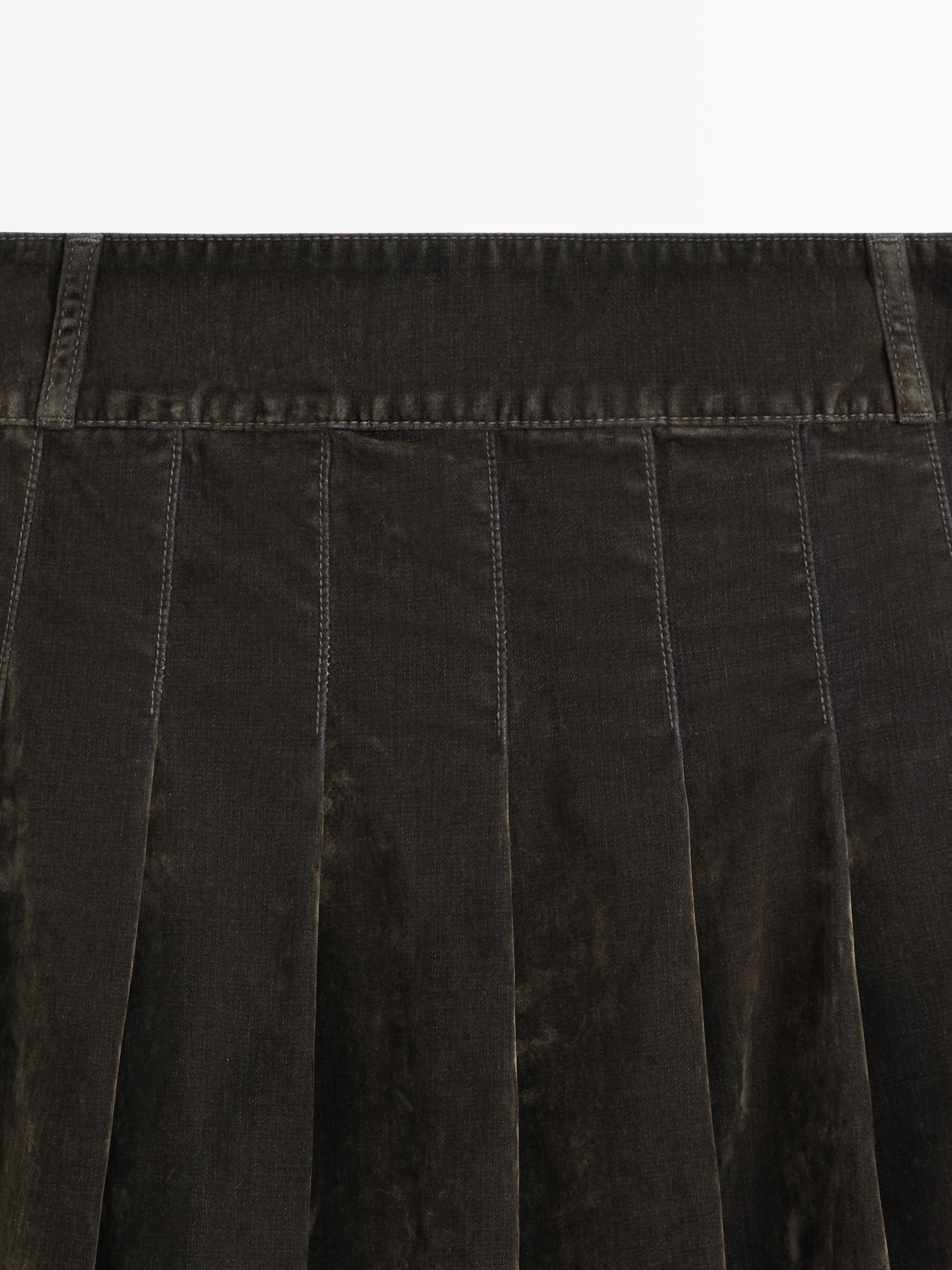 Flocked denim midi skirt with box pleats